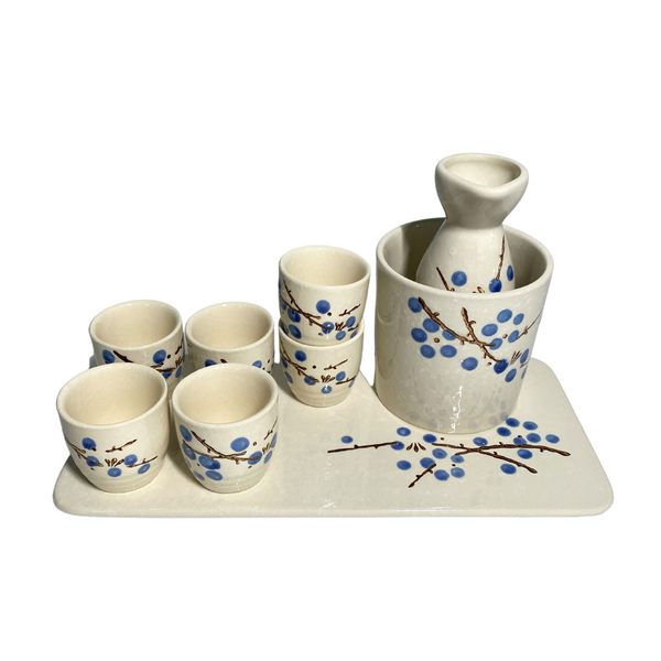 Japan Sake Set One bottle with 6 cups Blue Plum